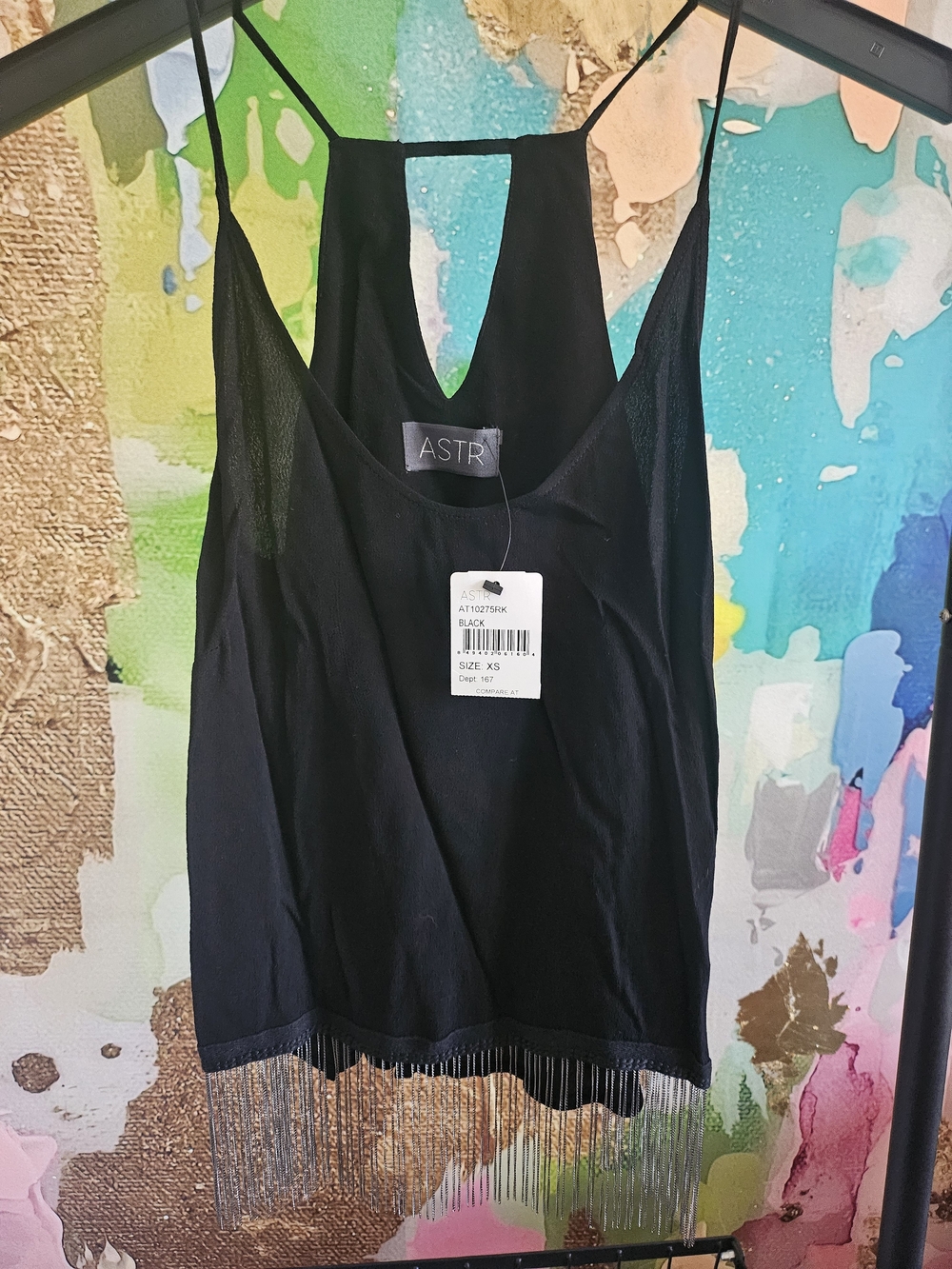 Astr Black Fringe-Trim Camisole Tank